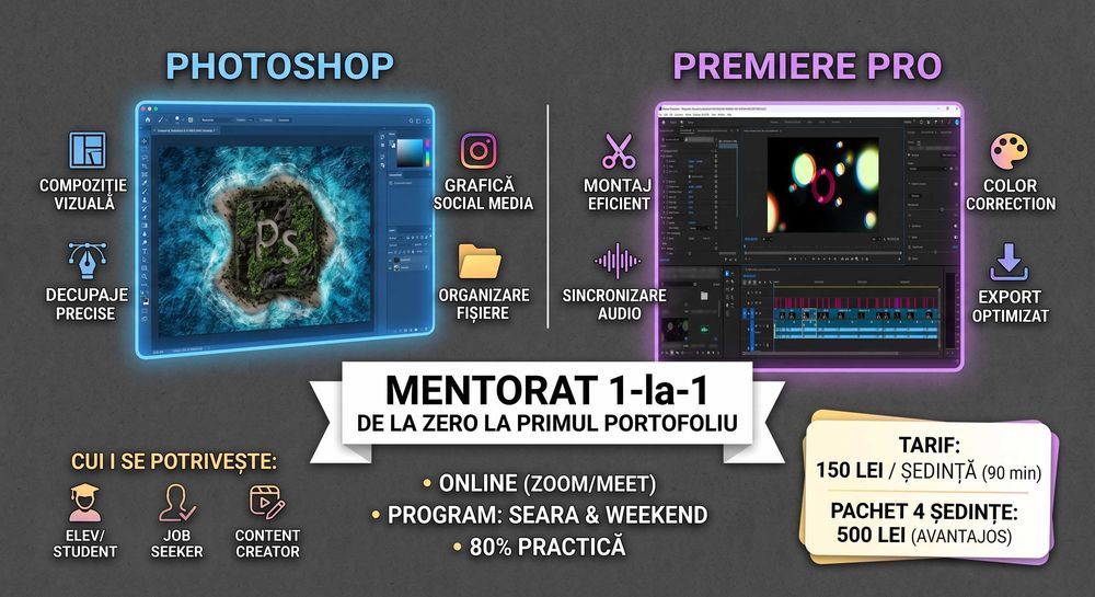Meditatii 1-la-1 Photoshop & Premiere Pro | De la zero la primul proiect de portofoliu