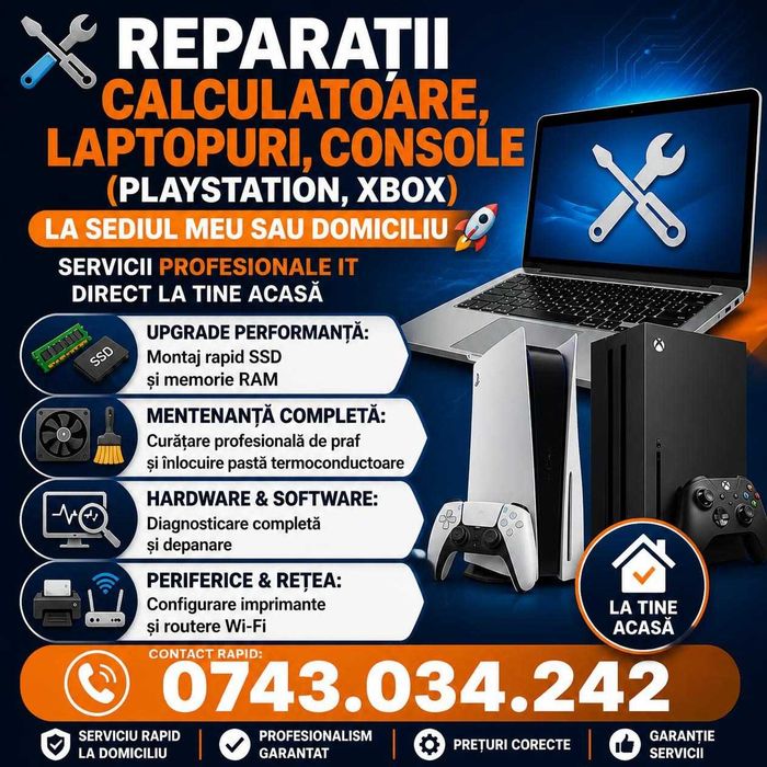 Reparații Calculatoare Laptopuri la Domiciliu |Upgrade SSD/RAM | Curatare | Imprimante | Router Wi-Fi | Diagnosticare |Mentenanta