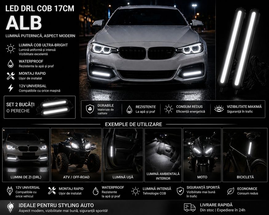 LED Lumini de Zi COB 17cm – Set 2 buc, Alb/Roșu/Albastru/Galben, 12V