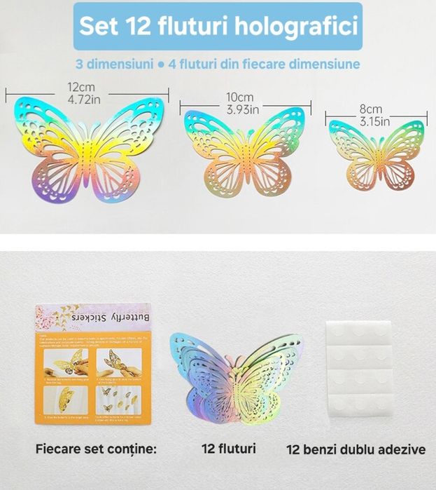 Set decorativ Fluturi: luminoși/simpli. Diferite modele. Stickere.