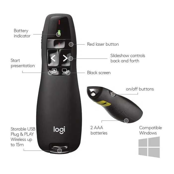 Презентер Logitech Presenter R400 черный с лазером