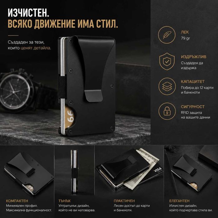 Минималистичен RFID защитен портфейл с щипка за банкноти