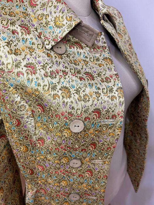 Жакет бежевый с баской, приталенный | Жакет из жаккарда размер 44-46