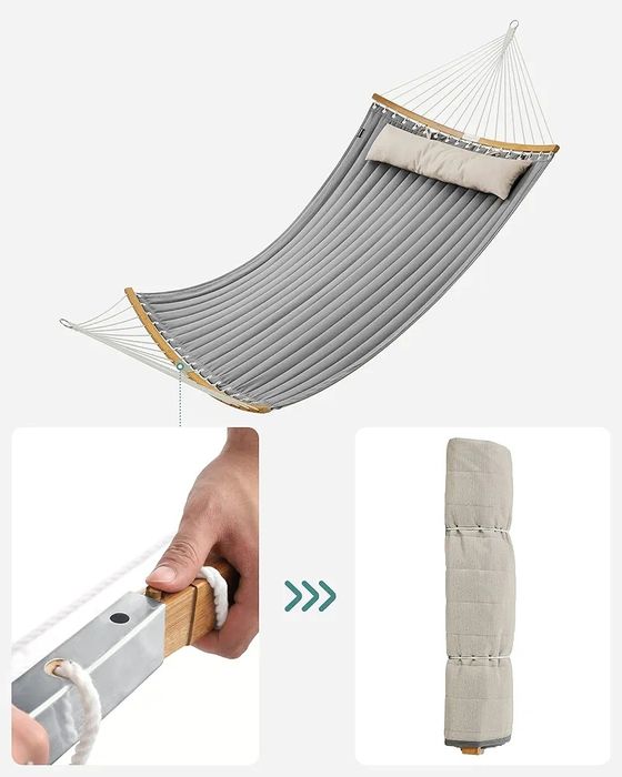 Hamac dublu căptușit SONGMICS GDC34CG cu bare curbate detașabile din bambus și pernă, material Oxford, 200 x 140 cm, încărcătură 225 kg, gri și bej