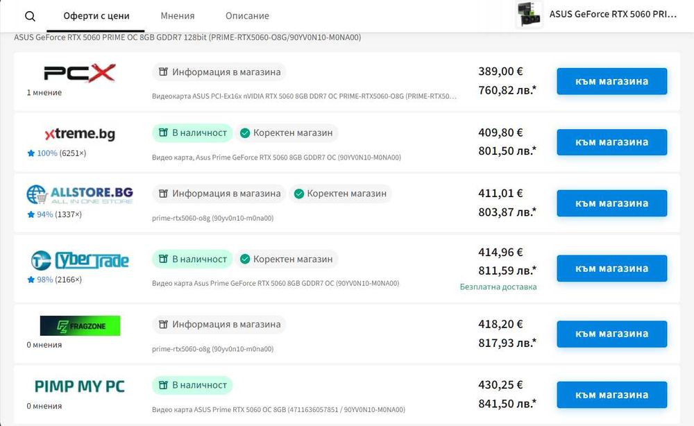 Видеокарта ASUS - Prime GeForce RTX 5060, 8GB GDDR7, Гаранция