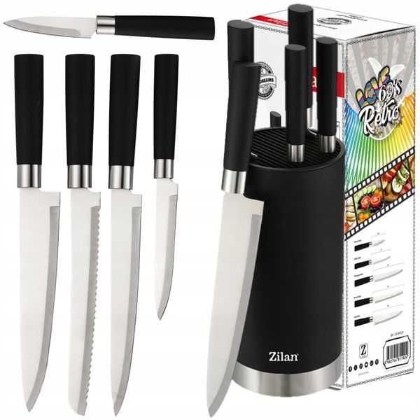 Комплект от 5 кухненски ножа от неръждаема стомана с поставка, Zilan