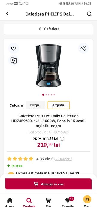 Cafetiera PHILIPS Daily Collection HD7459/20, 1.2l, 1000W,