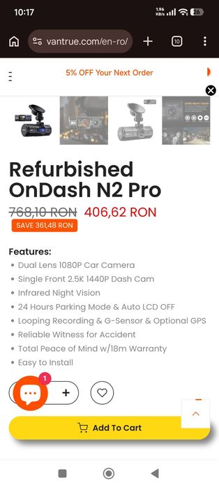 Camera Auto Vantrue N2 Pro +Card 128Gb inclus