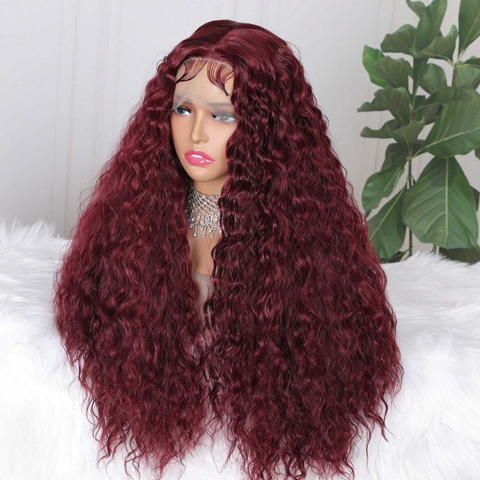 Тъмно червена Бургунди къдрава перука 70 см Lace Front 13x4x1