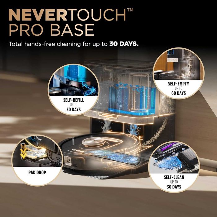Комбинация от робот Shark PowerDetect NeverTouch Pro, самоотводняваща се, с подложка за самопочистване, за пране и сушене