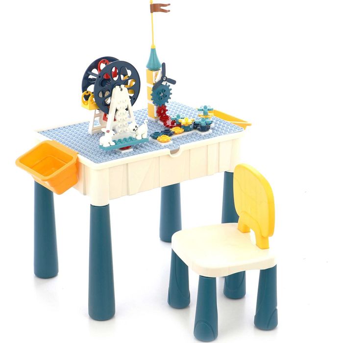 Set masuta multifunctionala cu scaun si 76 cuburi de constructie lego