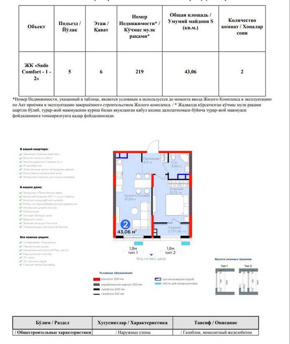 Выгодное предложение! 2-комнатная в ЖК BI Sado, 43 м² с кадастром (М)