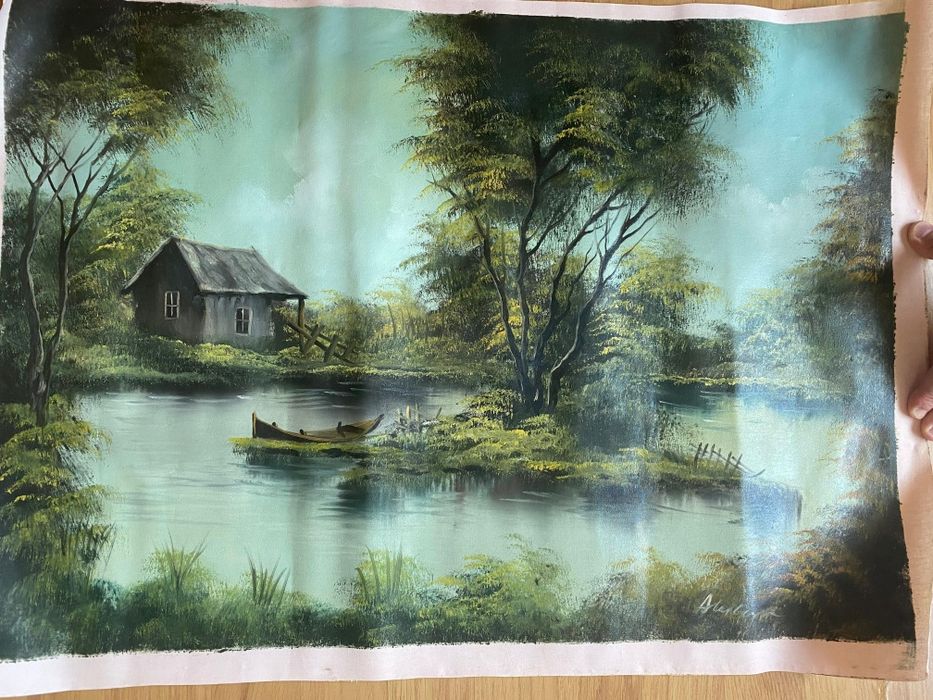 Pictura veche, ulei pe hartie - peisaj cu lac si vegetatie.