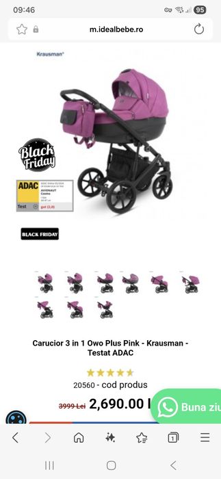 Vând cărucior 3-în-1 Krausman – landou + sport + scoică auto