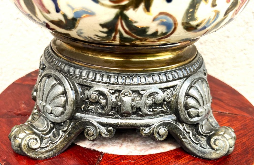 Superba lampa victoriana-Art Nouveau-ceramica-alama argintata-Anglia