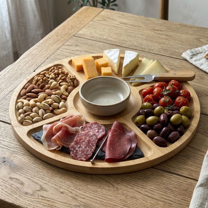 Platou rotativ din bambus pentru aperitive, 5 compartimente