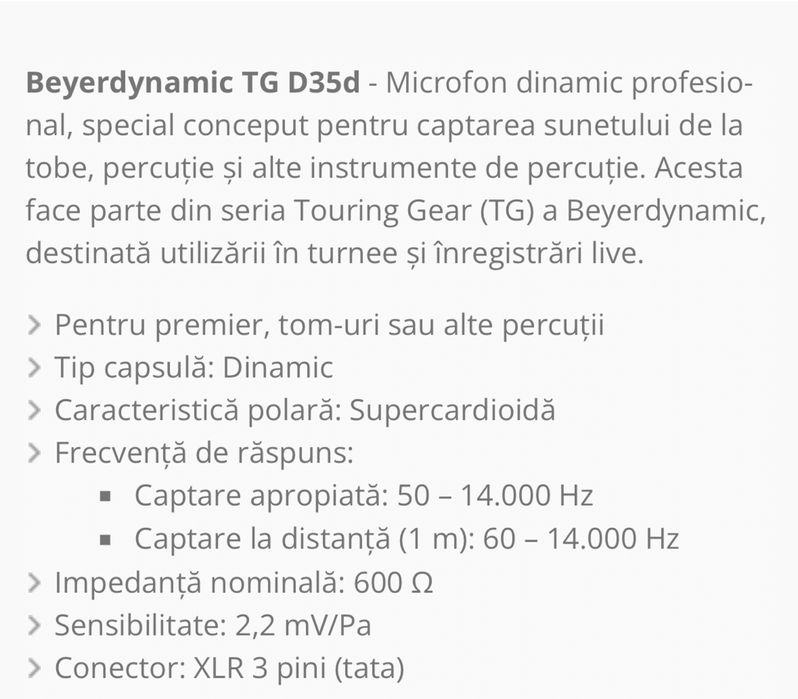 Microfon Beyerdynamic TG35d si suport clema de prindere