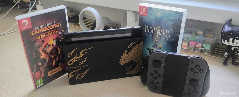 Vând consolă Nintendo Switch Ediție Specială Monster Hunter Rise, model de colecție cu design unic pe consolă, dock și controllerele Joy-Con+ 2 jocuri