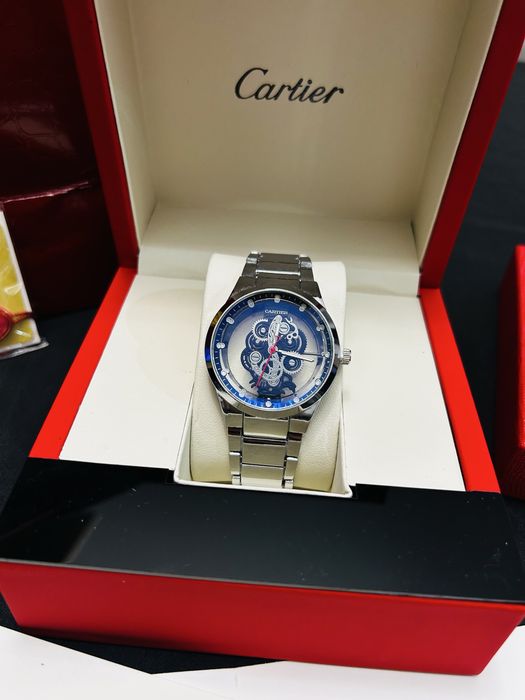 Ceas Cartier skeleton design quartz bărbați brățară metalică full set cutie acte