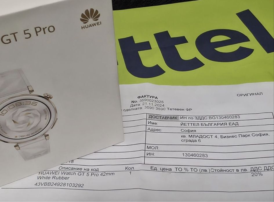 КАТО НОВ 42mm Huawei watch GT 5 Pro Yettel Гаранция 2026 White gt5