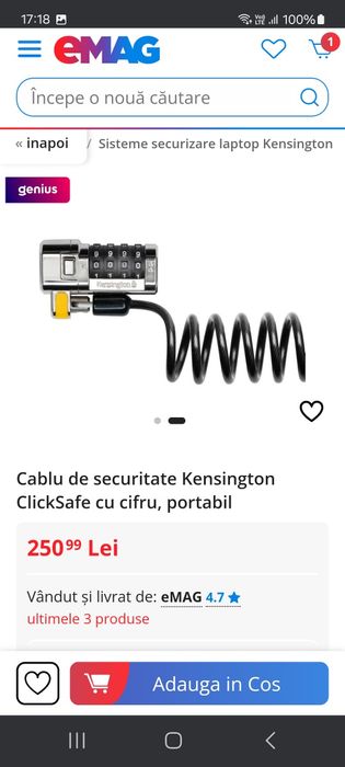 Cablu de securitate Laptopului Kesington ClickSafe cu cifru, portabil