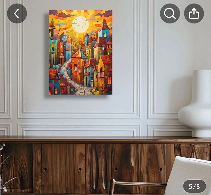 Картина за стена върху платно - Причудлива и жива градска сцена, ярки