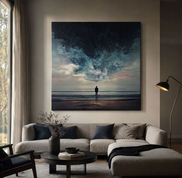 Tablou canvas Neclintit, om pe plajă sub furtună, artă surrealistă, 60×60 - 100×100 cm
