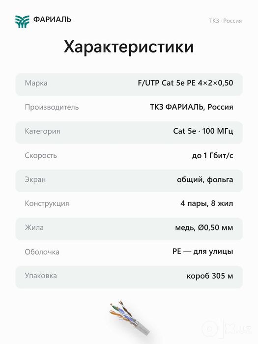 Кабель витая пара F/UTP Cat 5e PE 4x2x0,50 ТКЗ ФАРИАЛЬ, 305 м