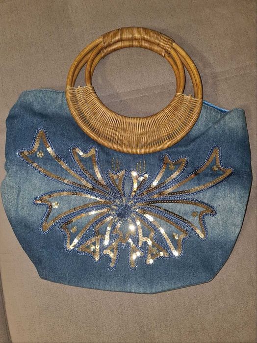 сумка джинсовая,ручки дерево