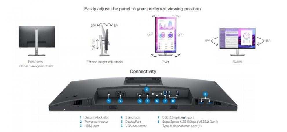 Монитор Dell 23.8'' IPS, Full HD, 60Hz, 5ms, HDMI, Display Port,P2422H