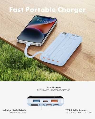 Нова Външна Батерия 20000mAh бързо зареждане 6 изхода, 4 кабела, USB C