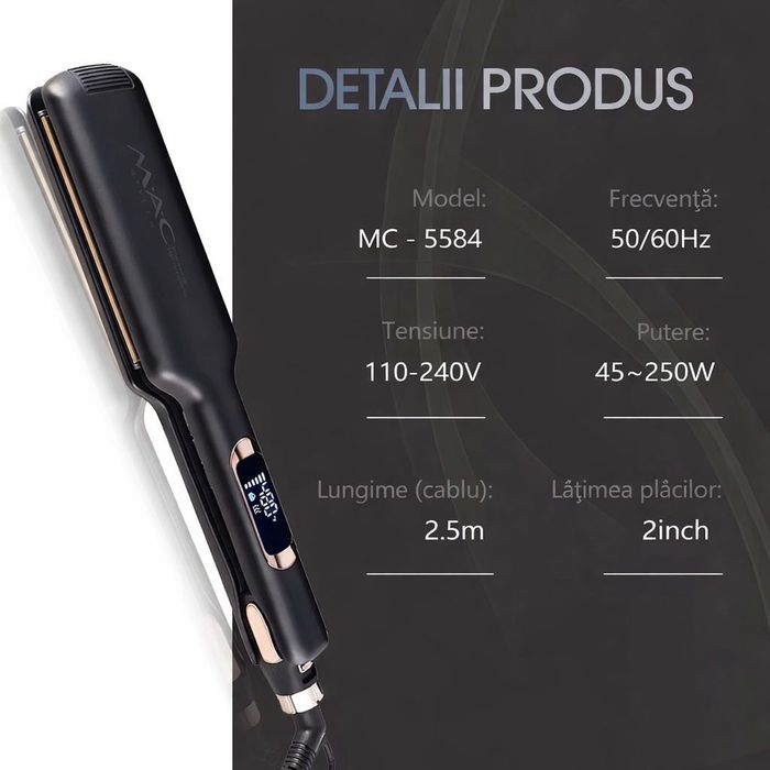 Placă de Îndreptat Părul MAC STYLER MC-5584, Titan, 2 inch, control temperatură digital, ecran LCD