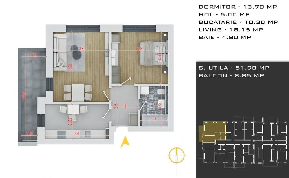 Apartament 2 camere, terasă de 8,85 mp, Theodor Pallady