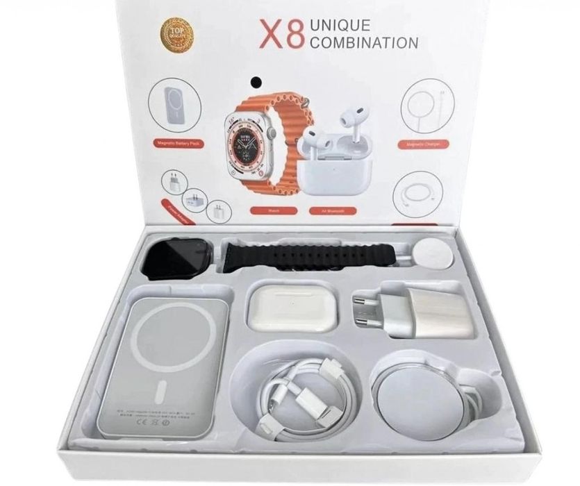 Комплект 8 в 1 с X8 Smartwatch,безжични слушалки,зарядно,кабели,външна