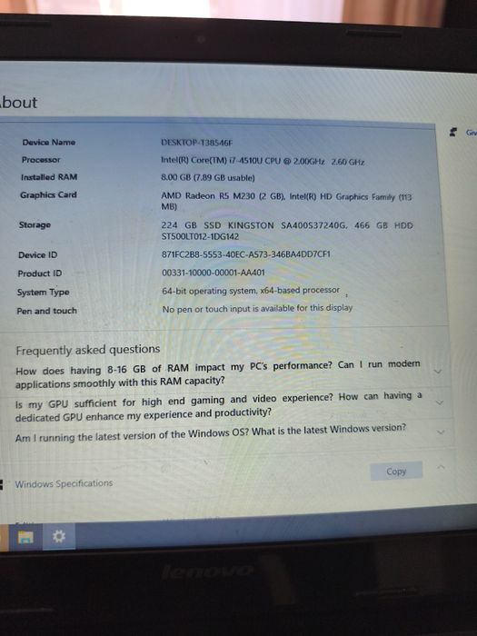 Laptop Lenovo i 7 , un tera GB