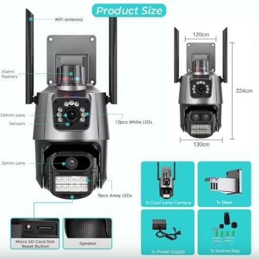 2бр. Двойна външна въртяща WiFi AI камера 8MP с 2 обектива,ICSee,Черна
