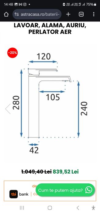 Baterie lavoar Hass Gold High auriu din alama