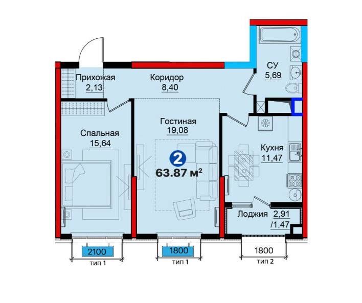 ЖК NRG Yangi Baxt 2/6/12/63,87 м² черновая отделка