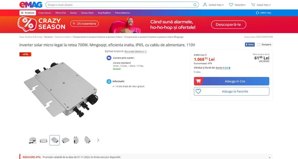 REDUS de la 1070RON, Micro Inverter solar 700W, conectivitate WiFi + APP, 99.5 Eficenta conversie
