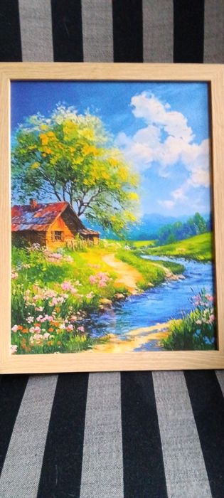 Хармония-пасторална сцена с къщичка, поток и диви цветя, идеална за до