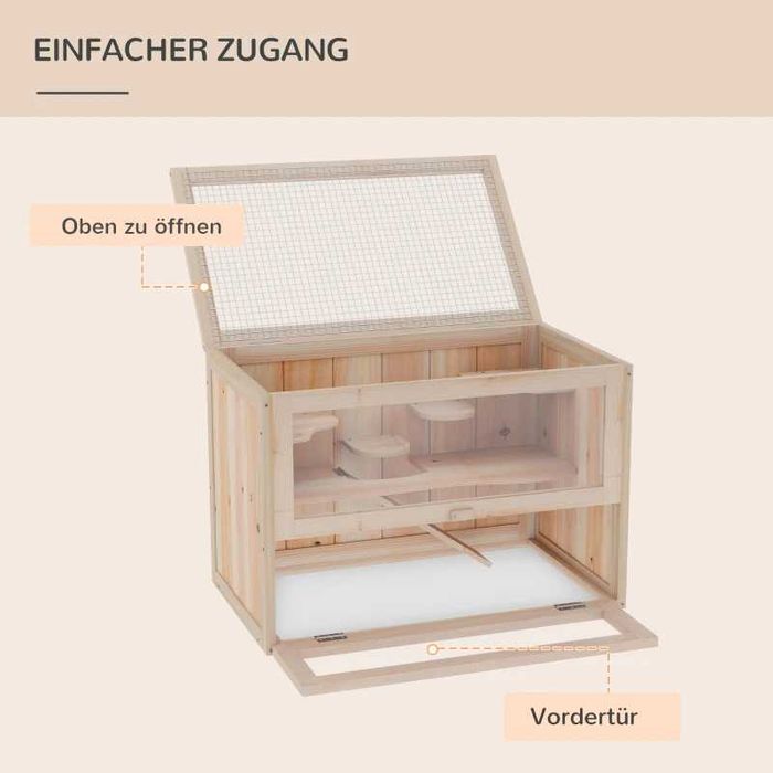 Дървена клетка за хамстери PawHut, 2 нива, 60 x 35 x 42 см, клетка за гризачи