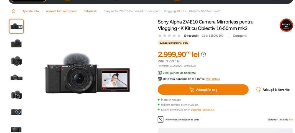 Sony Alpha ZV-E10 cu micorfon + trepied + Card 256 GB