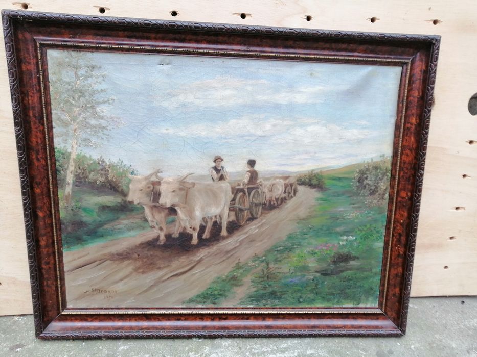 Tablou pictat pe pânză car cu boi /tablou  nud tigancusa vintage  arta