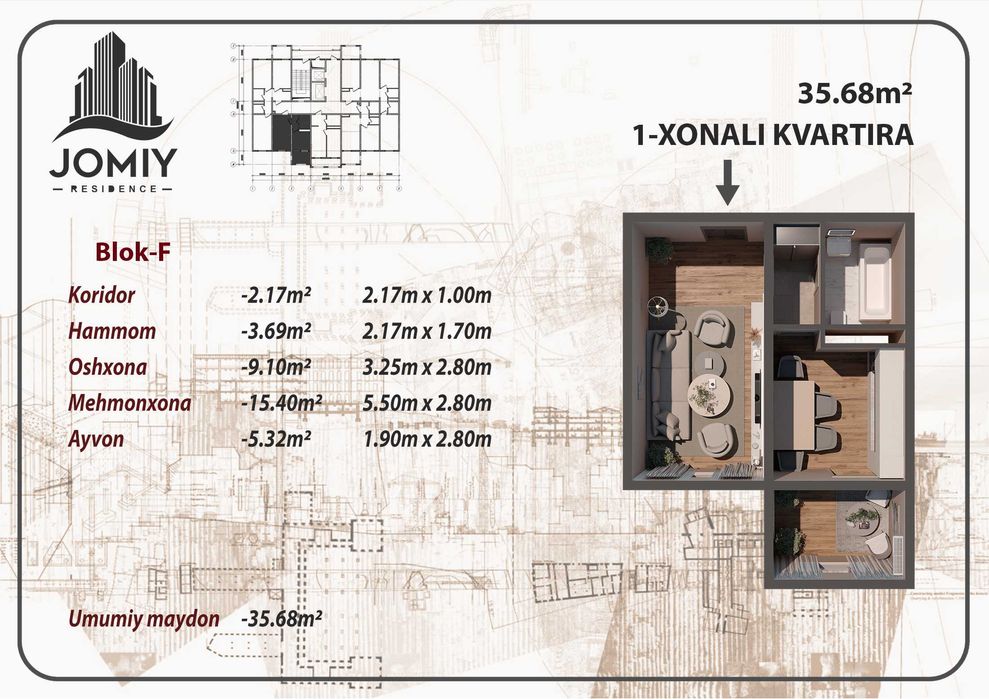 Jomiy Residencedan tayyor remontlari bilan