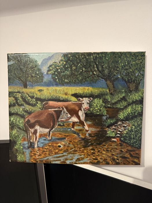 Pictura ulei pe panza, 30x30 cm, “Vaci in livada”