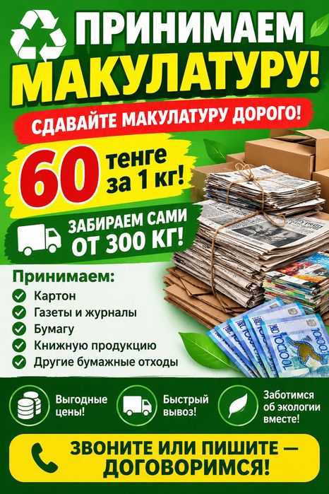 Прием и вывоз макулатуры в Алматы
Дорого закупаем макулатуру без посре