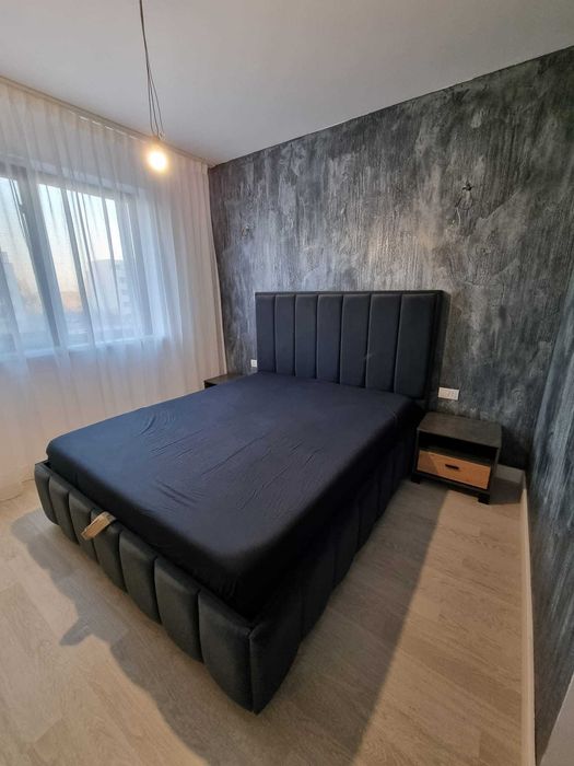 Pat tapitat cu cadru metalic si somiera rabatabila cu model pe laterale, 140×200 cm | 160×200 cm | 180×200 cm
