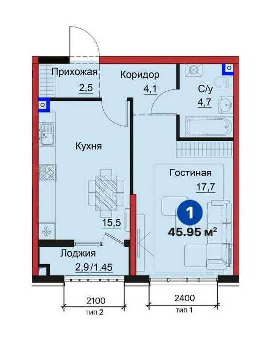 Янги Узбекистон • 1-КОМНАТНАЯ С КАДАСТРОМ • 45,95 м² • 1 345 $/м² (KS)