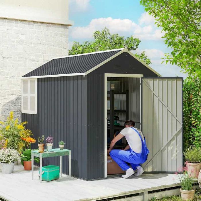 Градински навес Outsunny, метален навес за инструменти, двойна врата, прозорец, 259x172x222 см