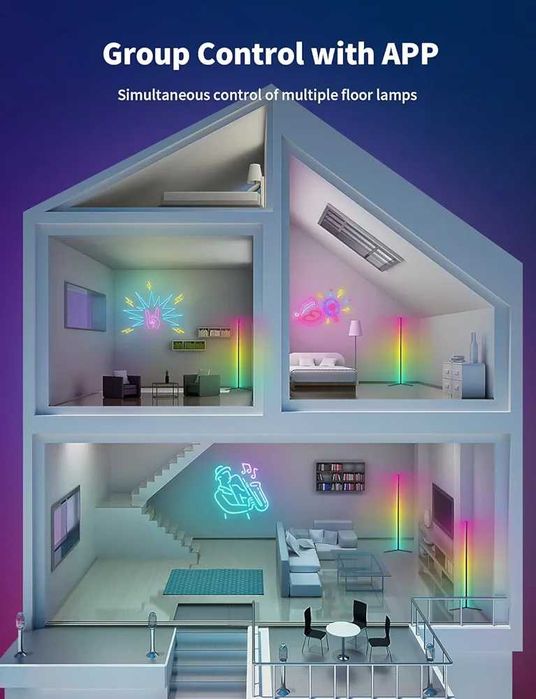 Чисто нова запечатана LED RGB ъглова подова лампа, 159 см RGB-IC ...